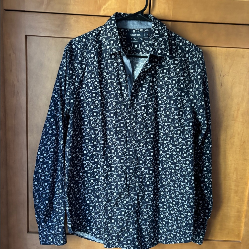 Nautica Men's Dark Blue Leaf Print Shirt